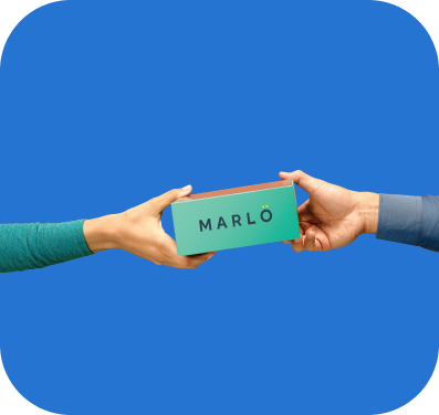 Two hands exchange a teal box labeled "MARLÖ" against a bright blue background.