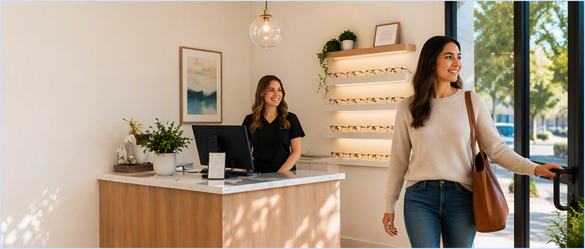 Customer leaving an optical store after an eyewear appointment while a staff member stands behind the reception desk, illustrating a seamless quote-to-purchase experience.