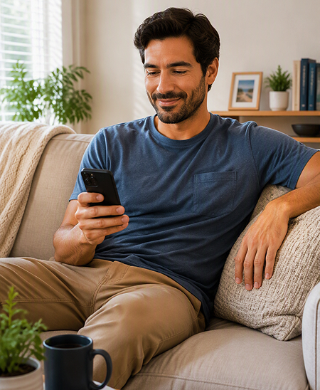 A man sitting ona couch in a room looking at his phone with a cup of coffee.