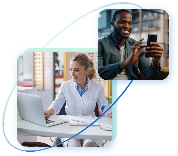 Modern connected workplace showing two professionals using digital devices—a laptop and smartphone—highlighting seamless communication, productivity, and technology-driven collaboration across environments.