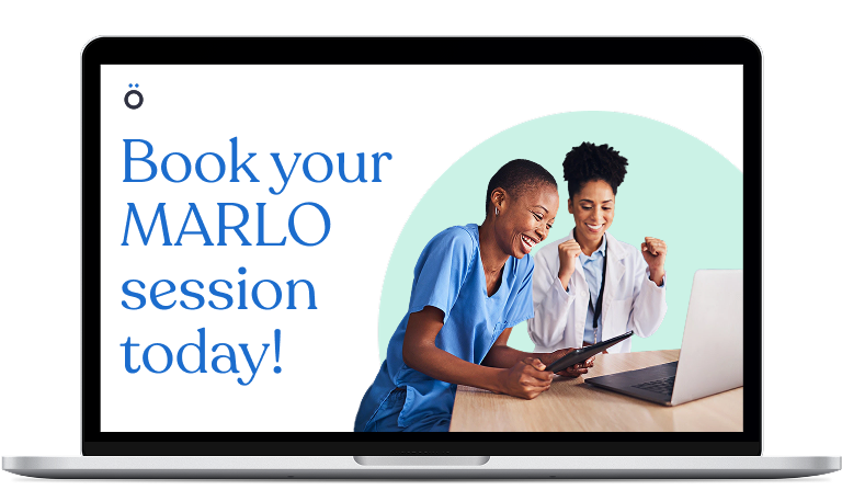 A closeup of a laptop with and text that says "Book your MARLO session today!"